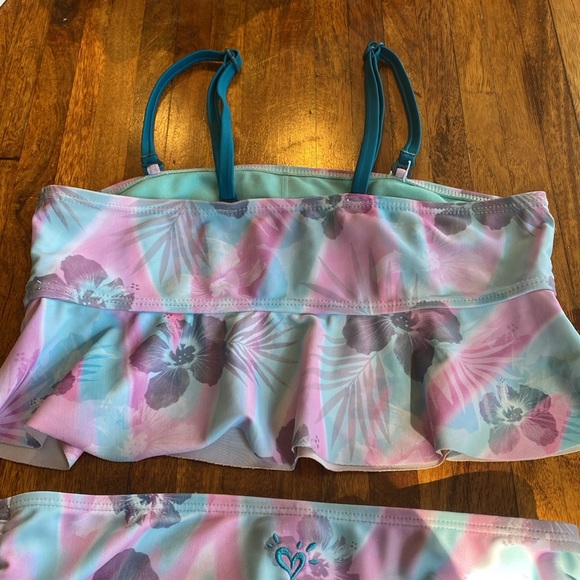 Justice Girls bikini pink and turquoise floral pattern size 12 - Picture 7 of 15